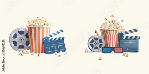 Cinema entertainment collection featuring popcorn, a film reel, and a movie clapperboard. An illustration set for film night concepts, including 3D glasses