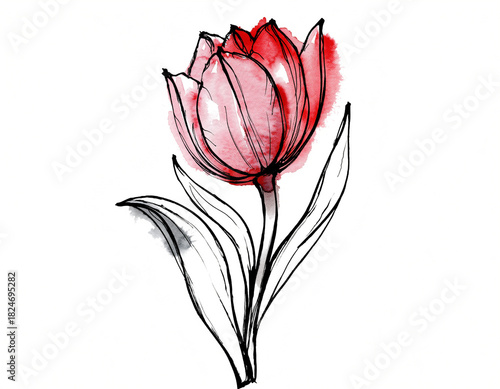 Watercolor Tulip Flower Art, Red Floral Illustration, Botanical Drawing for Decor, Spring Blossom, Elegant Sketch on White Background, Minimalist Design.