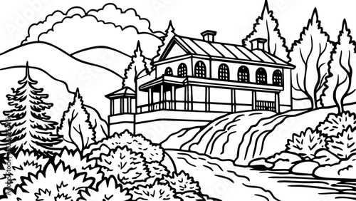 Very beautiful autumn hillside scene featuring a historic architectural home perched above Bear Run Falls, surrounded by vibrant fall foliage, cascading water, and a tranquil forest landscape in warm 