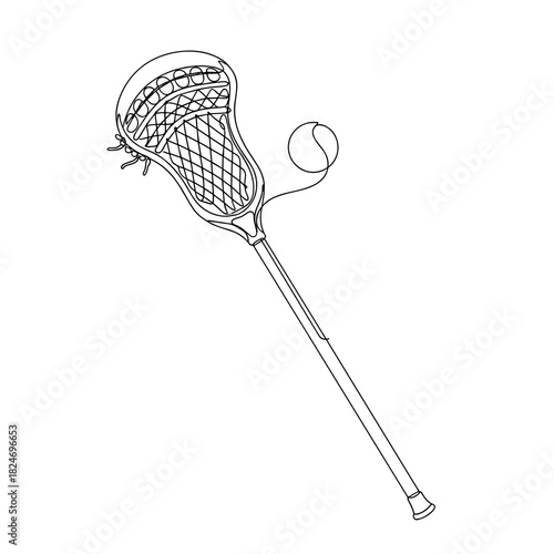 Continuous one line drawing of lacrosse stick and ball, minimalist black and white style, sports team game concept with copy space