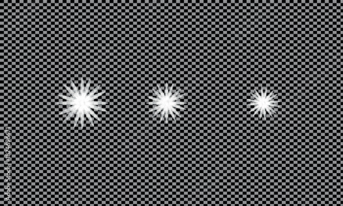 Three sparkling starbursts on a black and white checkerboard background