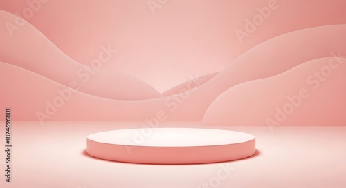 Minimalist pink product display podium with abstract wave background for presentation