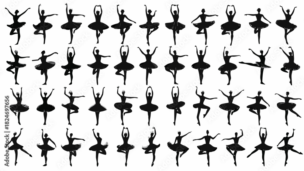 Naklejka premium Captivating ballet dancer silhouettes in graceful poses, ideal for dance studio branding, recital promotions, or elegant artistic projects, originally from scalable vector graphics
