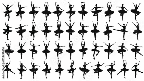 Captivating ballet dancer silhouettes in graceful poses, ideal for dance studio branding, recital promotions, or elegant artistic projects, originally from scalable vector graphics