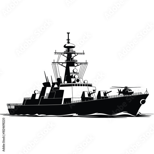 Silhouette of a modern warship sailing on the ocean