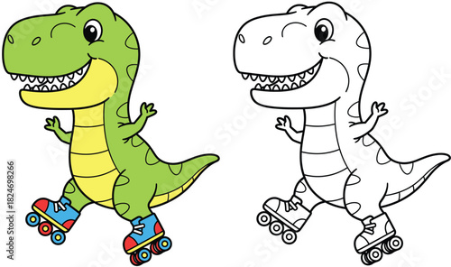 Cute cartoon T-Rex dinosaur riding roller skates. Funny character vector illustration. Color and black and white outline version for coloring book page.