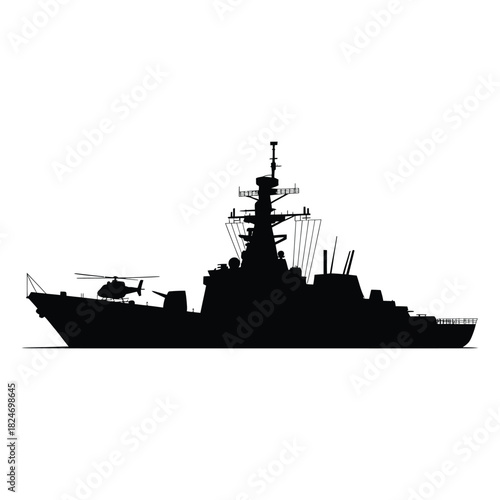 Silhouette of a modern warship with helicopter on deck