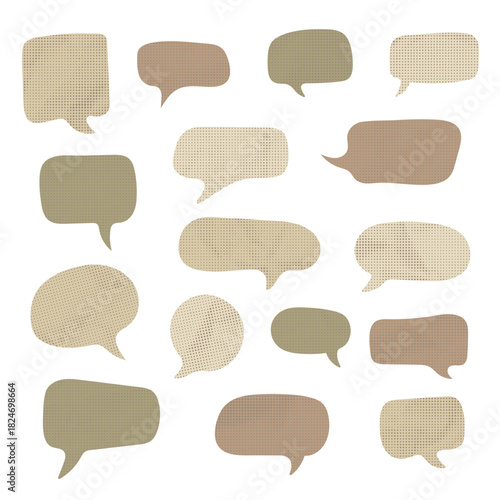 Set of textured organic color speech bubbles in various shapes . Simple hand-drawn design for messages, notes, stickers, planners, and communication themes.