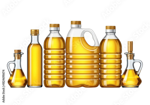 Variety of liquid edible oils in different bottles and cruets for cooking and baking. isolated on transparent background