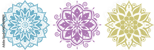 Colorful mandala trio featuring blue, purple, and green symmetrical floral designs. Each pattern shows detailed line art ideal for and spiritual themes. Perfect for prints, crafts, and creative 