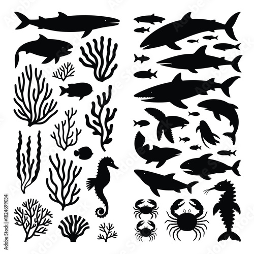 Collection of black silhouettes of marine life and coral reef elements
