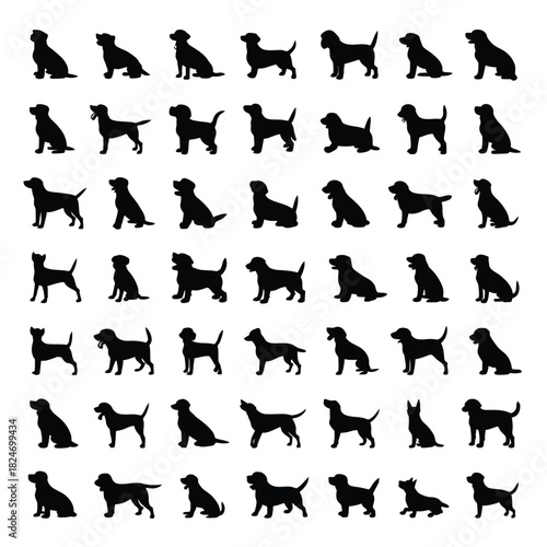 Collection of dog silhouettes in various poses and breeds