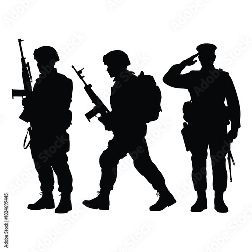 Silhouettes of three soldiers in uniform with rifles and saluting