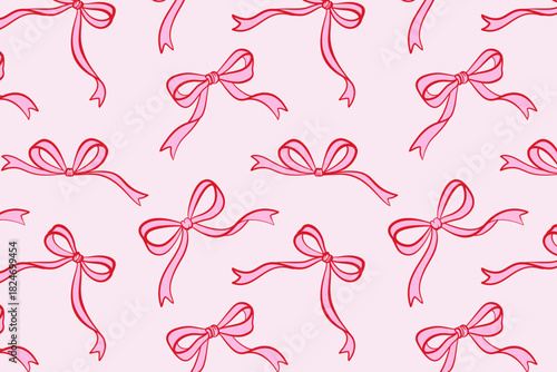 Seamless pattern with hand-drawn pink bows on a light background. Cute decorative design for wrapping paper, textile, wallpaper, packaging, and girly themes.