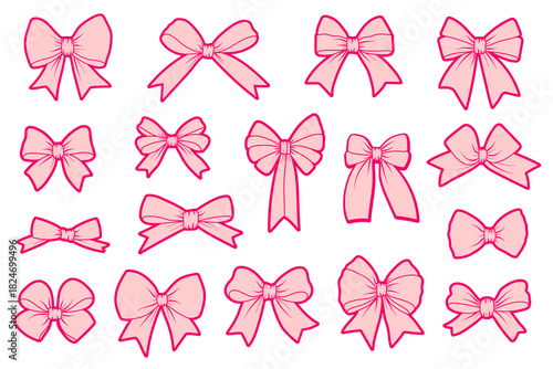 Set of pink decorative bows in various shapes and styles. Cute feminine elements for packaging, stickers, cards, crafts, and girly designs.