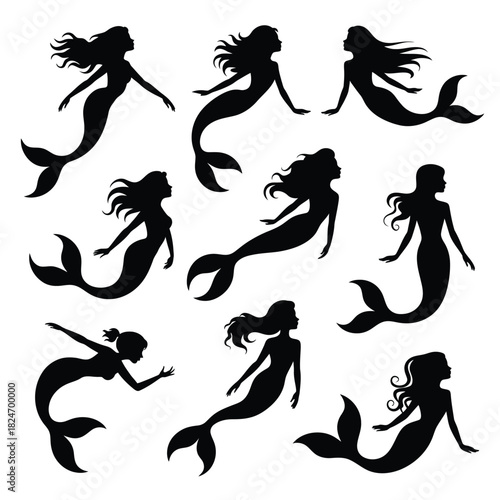 Collection of silhouetted mermaid poses against white background
