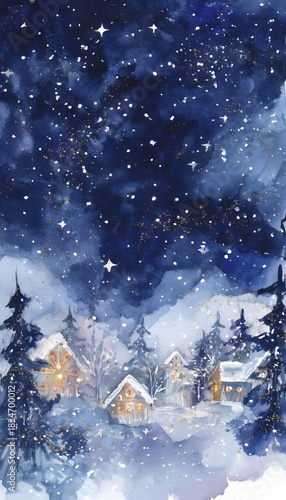 Whimsical Christmas night watercolor illustration tranquil winter scene evokes magical holiday serenity