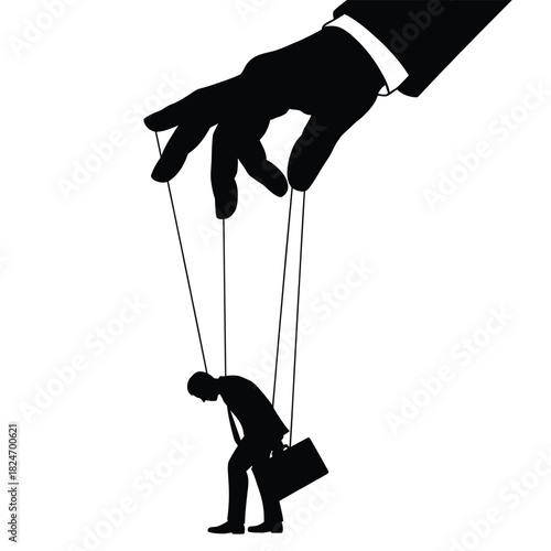 Giant hand manipulating silhouette of businessman puppet