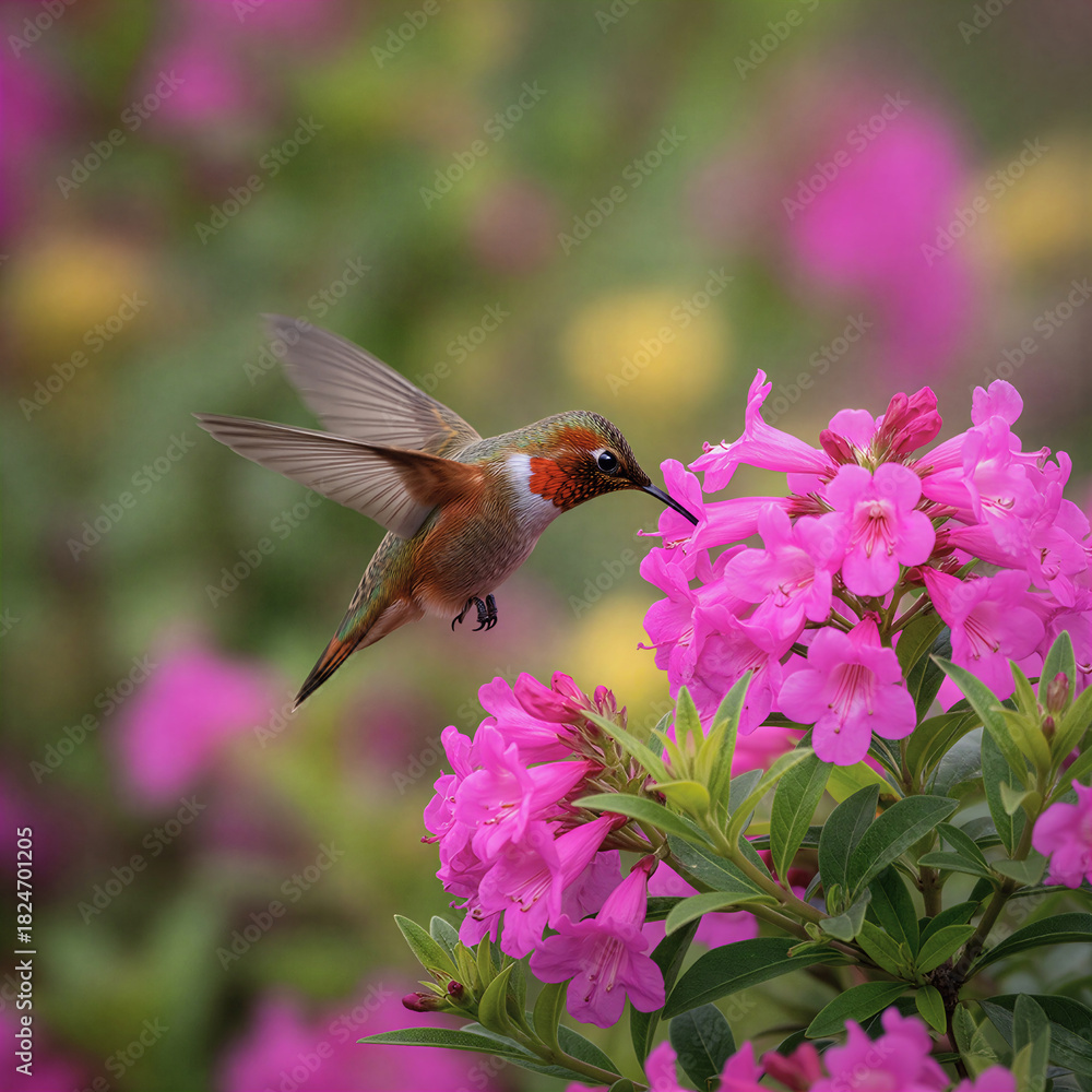 Obraz premium Tiny hummingbird with iridescent feathers drinks nectar from vibrant pink flowers in a garden