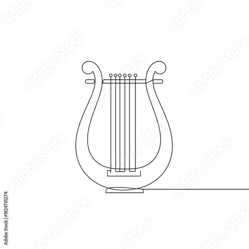 Single continuous line drawing of ancient greek lyre harp in black and white representing musical poetry symbol with copy space