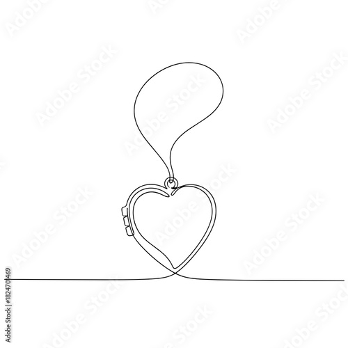 Single continuous line drawing of heart locket necklace in black and white representing romantic jewelry gift for Valentine's Day with copy space
