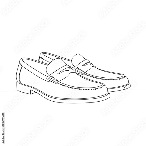 Single continuous line drawing of classic loafers shoes in black and white representing men's fashion for clothing store with copy space