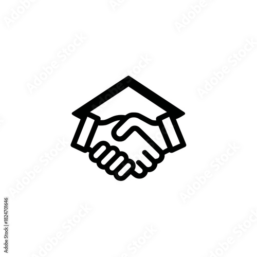 Handshake and House Icon: Business agreement, real estate deal, or property partnership symbol. Home security concept.