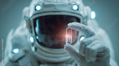 spacecraft science display, crew member presents microchip in spacecraft environment, highly detailed scene of astronaut demonstrating sample inside hightech spacecraft with cold illumination