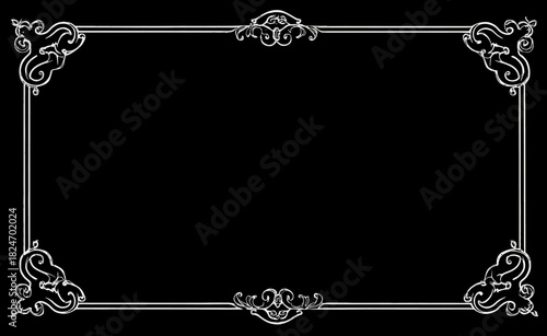Vintage ornate decorative frame with elegant filigree corners and flourishes on a black background, perfect for title cards or old film projects.