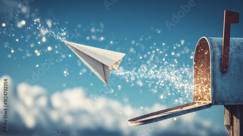 A paper airplane flies out of an open mailbox with magical sparkles against the sky background. 