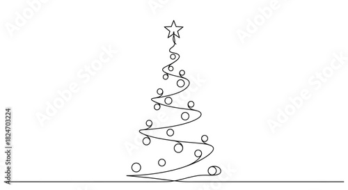 Elegant minimalist christmas tree with star topper one line drawing design