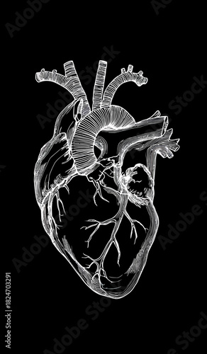 Striking glowing anatomical human heart illustration with detailed blood vessels on a dark background. Medical science and health concept.