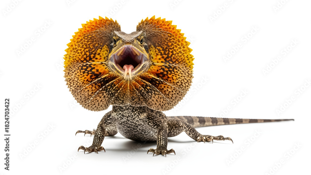 Fototapeta premium Frilled Lizard Threat Display with Expanded Frill on White