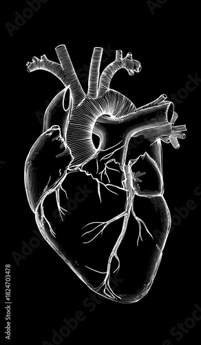 Luminous Human Heart Anatomy Illustration with X-ray Effect on Dark Background for Medical Science and Healthcare Concepts