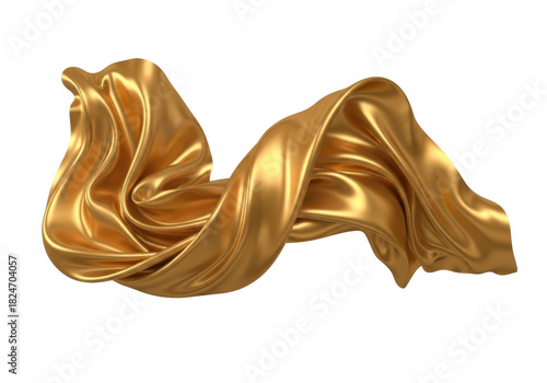 Elegant golden silk fabric flowing isolated PNG on transparent background, luxurious cloth material for fashion and design projects