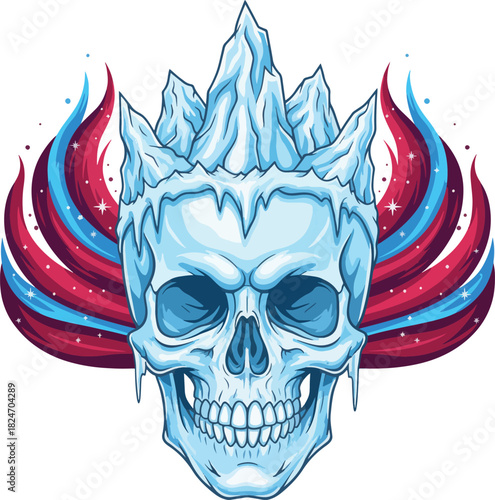 Icy Skull Crowned with Ice Mountains and Mystical Streams Artistic Vector Illustration Isolated on White Background