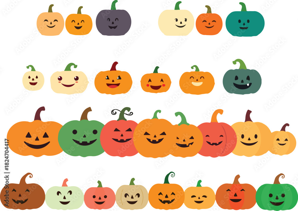 Naklejka premium Cute Halloween Pumpkin Faces Vector Set Various Jack-O'-Lantern Characters Collection Smiling Autumn Squash Graphic Elements