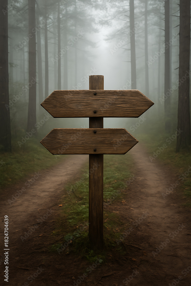 Fototapeta premium Traditional wooden signpost with two blank arrows on a fork in a dirt road leading through a misty pine forest representing divergent paths and life choices