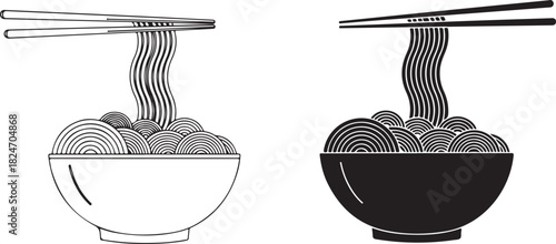 Delicious Noodles in a Bowl Held by Chopsticks - Black and White Illustration