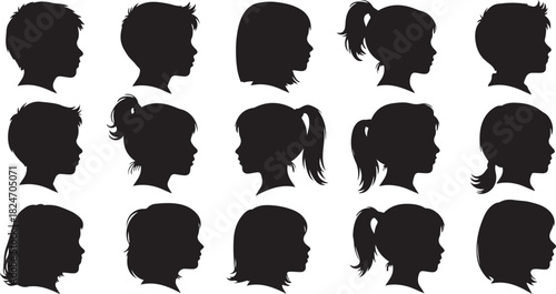 Diverse Silhouettes of Children's Heads in Profile View