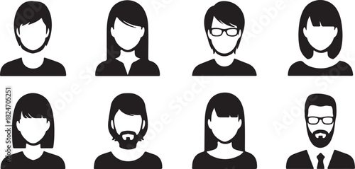 Diverse User Profile Icons: Men and Women with Various Hairstyles and Glasses