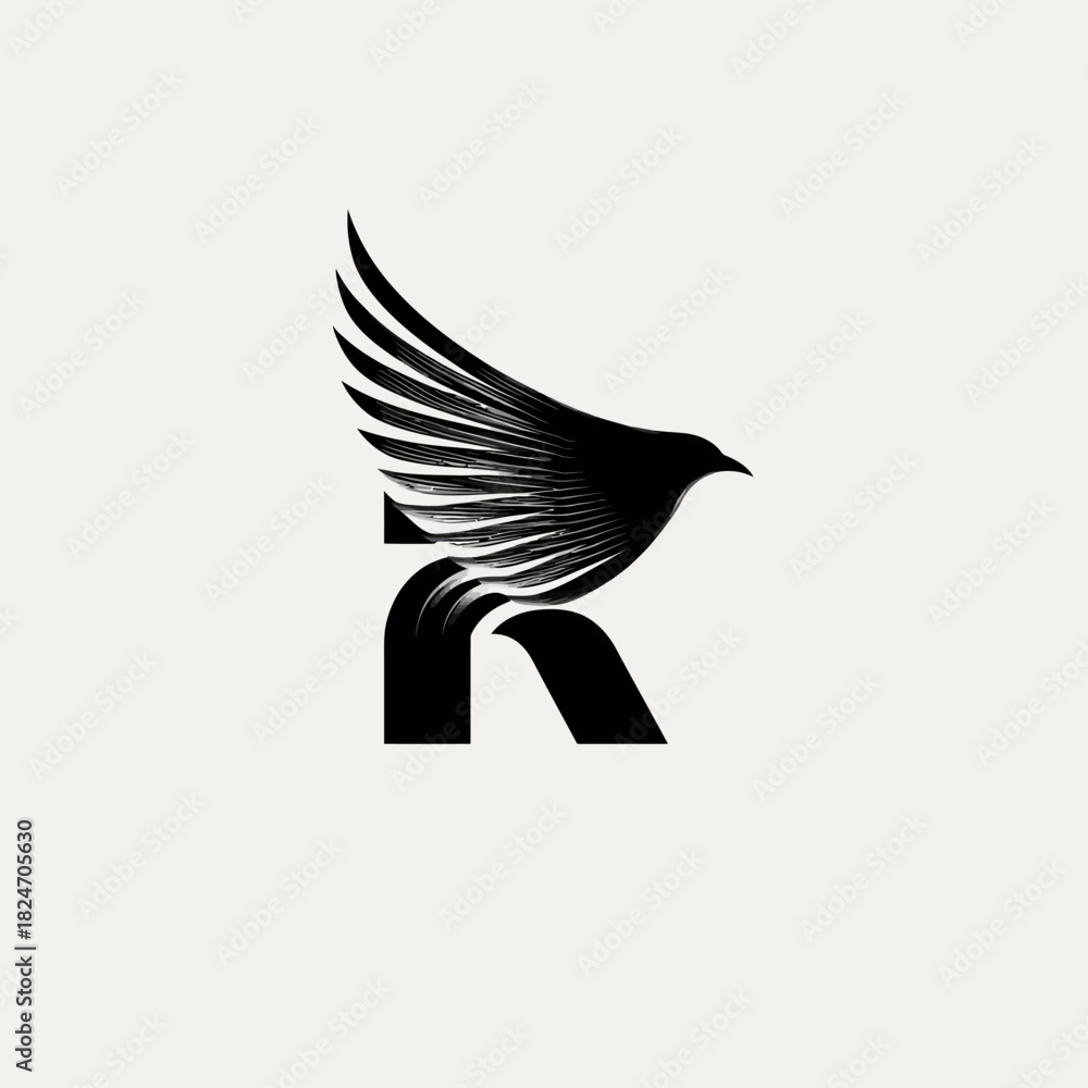 Fototapeta premium Abstract Letter R and Flying Bird Logo Design. Modern Minimalist Initial Monogram with Spreading Wings for Branding.
