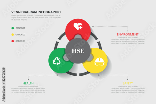Venn diagram infographic with HSE - Health Safety Environment, illustration vector.