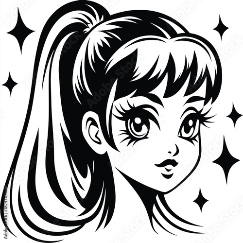 Animated girl with pony tail is surrounded by black stars in this silhouette