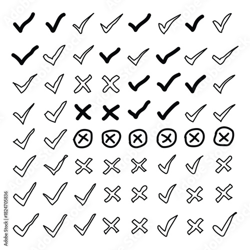 Hand drawn check mark and cross marks isolated on transparent background