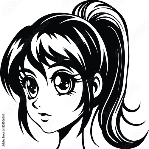 Beautiful cartoon girl with black hair in a ponytail stares ahead intently