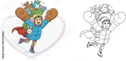 Happy Child Ice Skating with Backpack Full of Toys and Bunny in Pocket