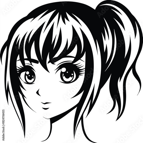 An animated girl with big eyes and her hair up looks forward