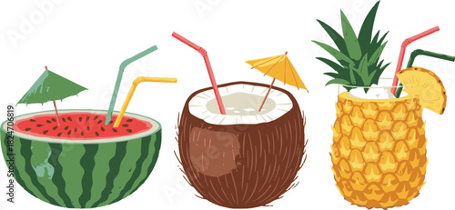 Tropical fruit drinks summer vacation coconut pineapple watermelon refreshing cocktails straws umbrellas