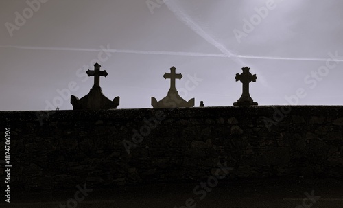 Silent graveyard silhouettes in twilight